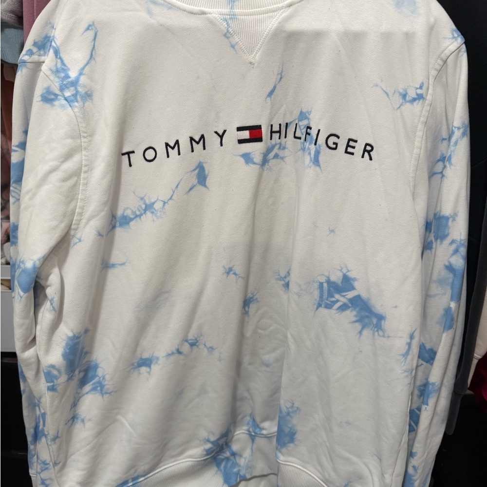 Tommy Hilfiger White & Light Blue Tie-Dye Crewneck Sweatshirt